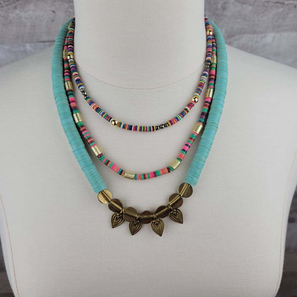 Tribal Necklace Boho Bundle of 3 Blue Goldtone Multicolor Disc Beads 18" to 22"